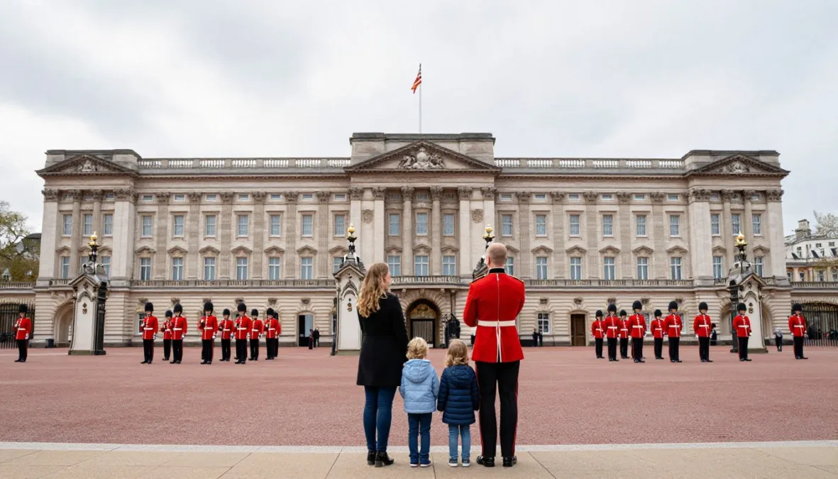 Family posing in front of Buckingham Palace during Changing of the Guard ceremony