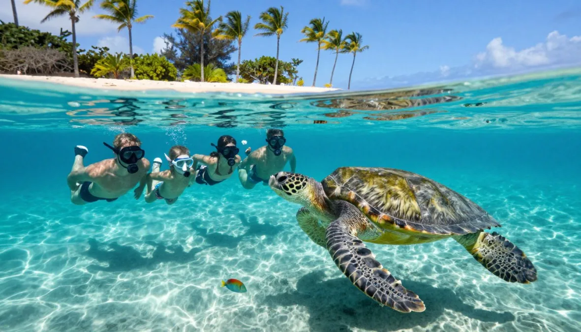 Family snorkeling together in crystal clear waters of Maui with sea turtles