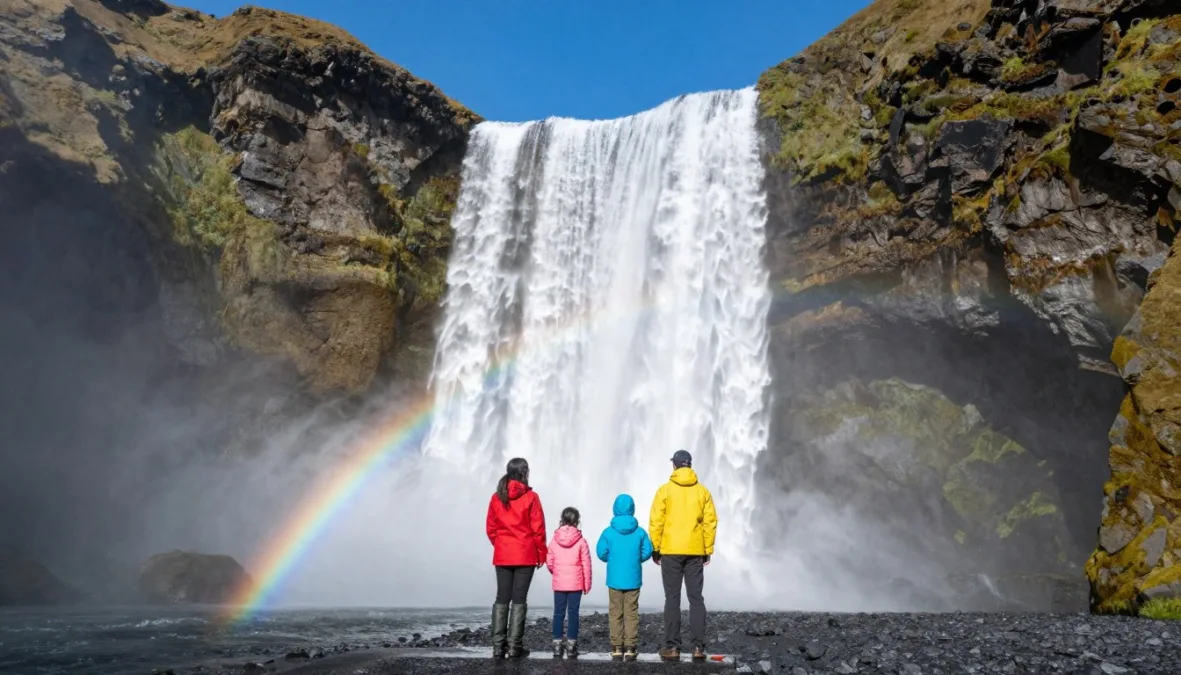Family standing in front of massive Icelandic waterfall on sunny day