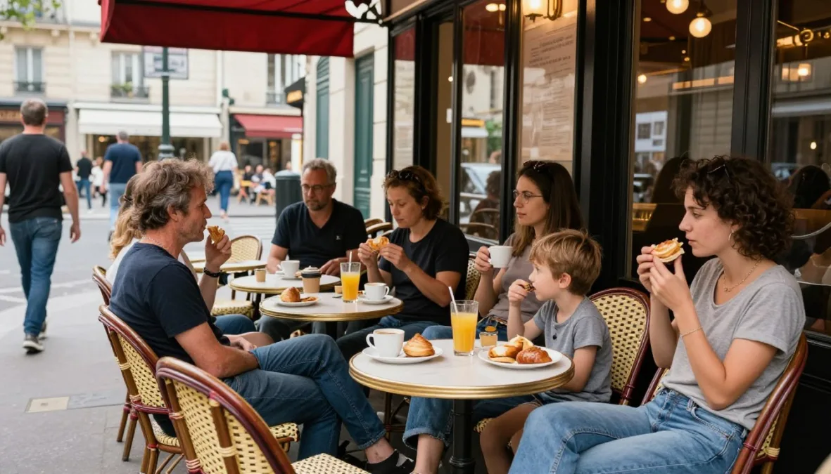 Family taking a rest break at outdoor café with children having snacks