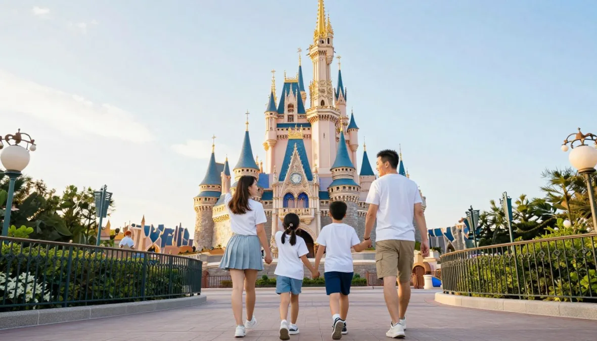 Family walking through enchanting castle at theme park in Orlando