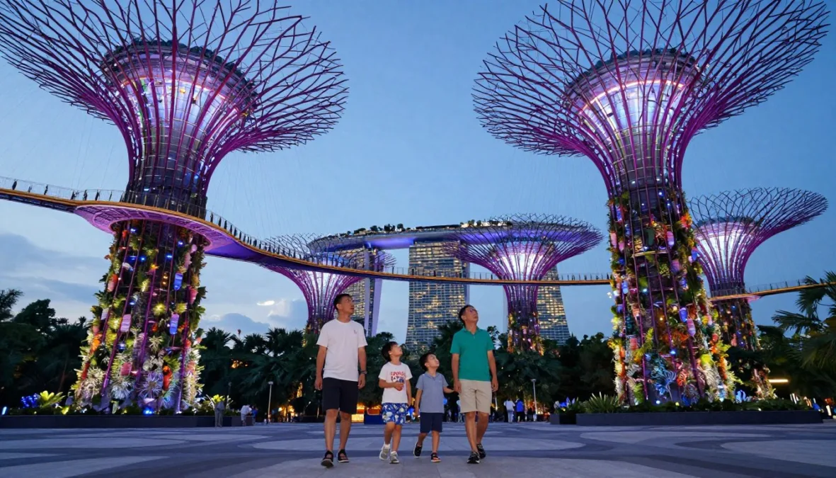 Family walking through futuristic Gardens by the Bay Supertree Grove