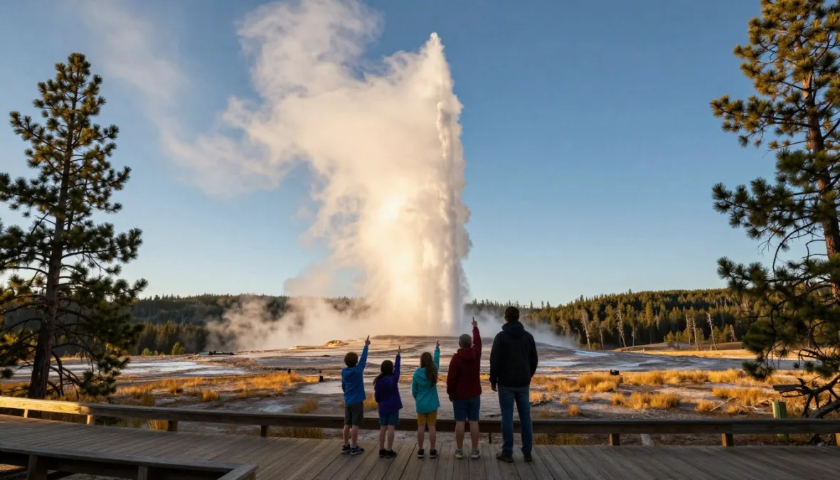 Family watching Old Faithful geyser erupt at Yellowstone National Park