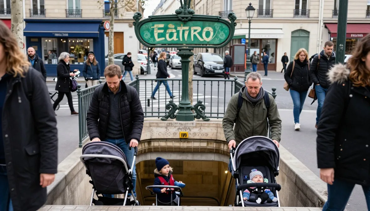Family with children navigating Paris Metro station entrance