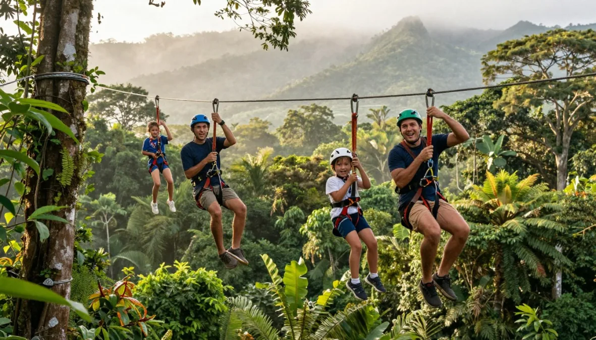 Family ziplining through lush Costa Rican rainforest canopy