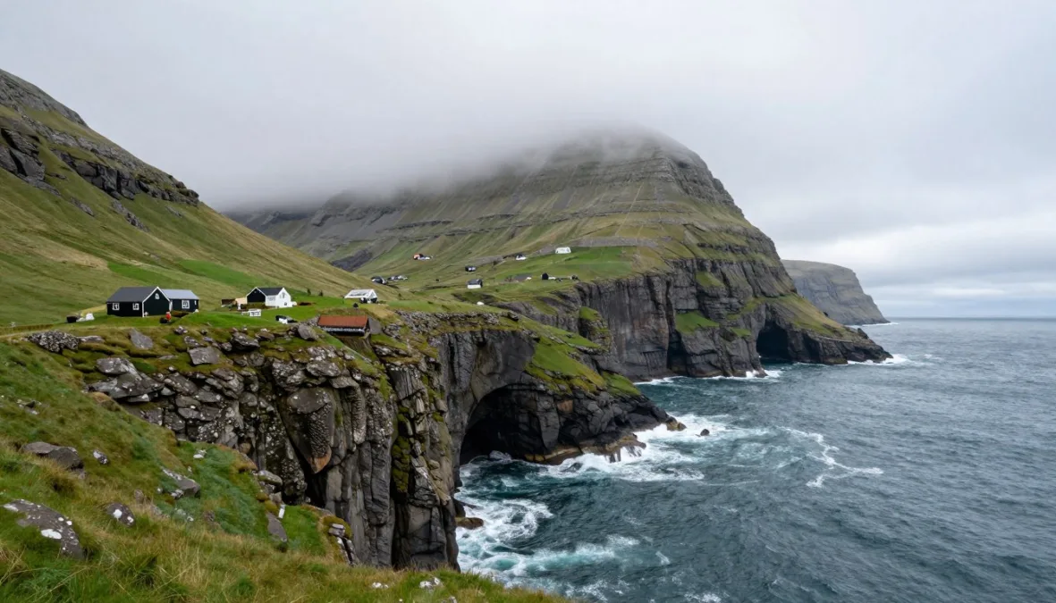 Faroe Islands dramatic cliffs rising from silent ocean waters
