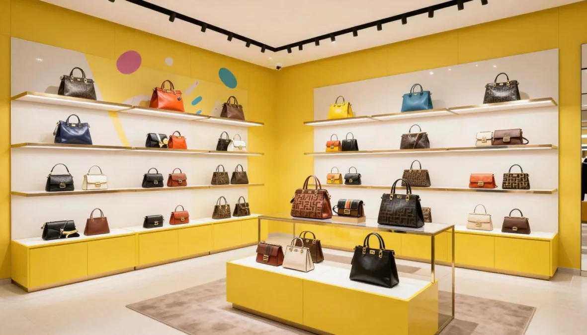 Fendi boutique display featuring colorful handbag collection