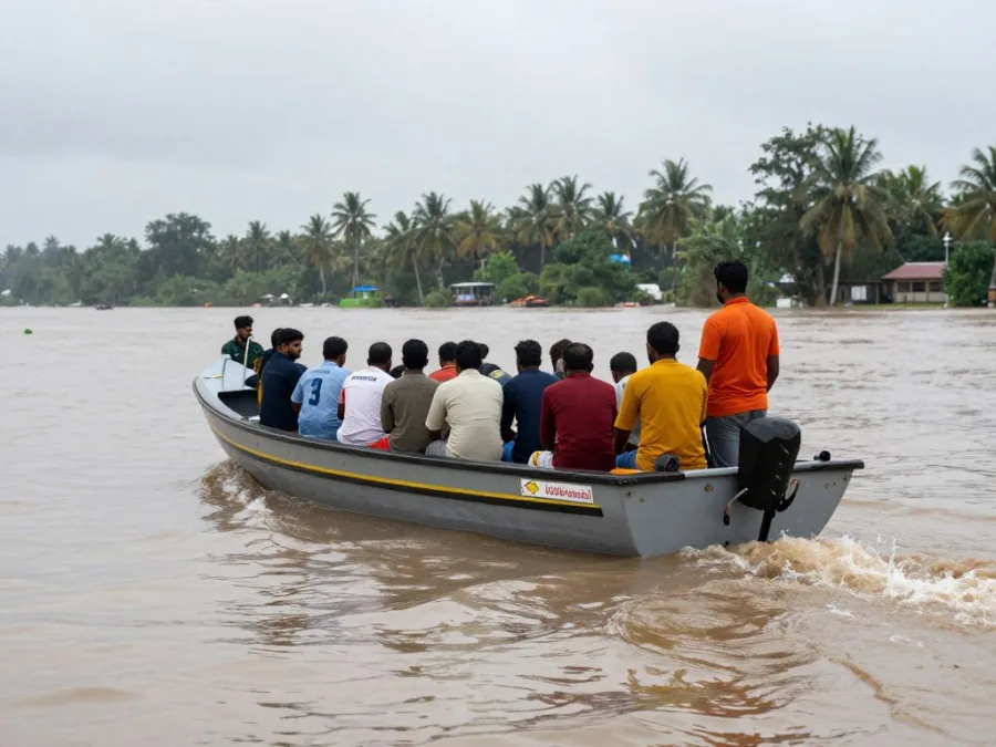Flood rescue boat carrying people in India