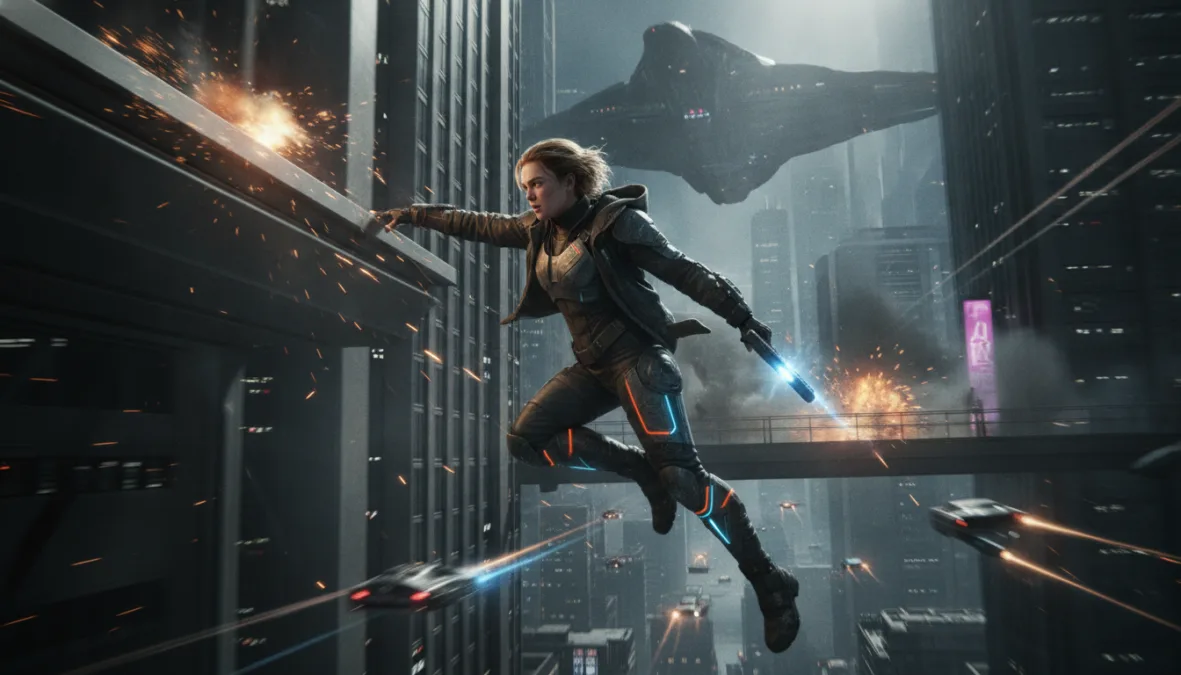 Florence Pugh in action film scene with dramatic lighting