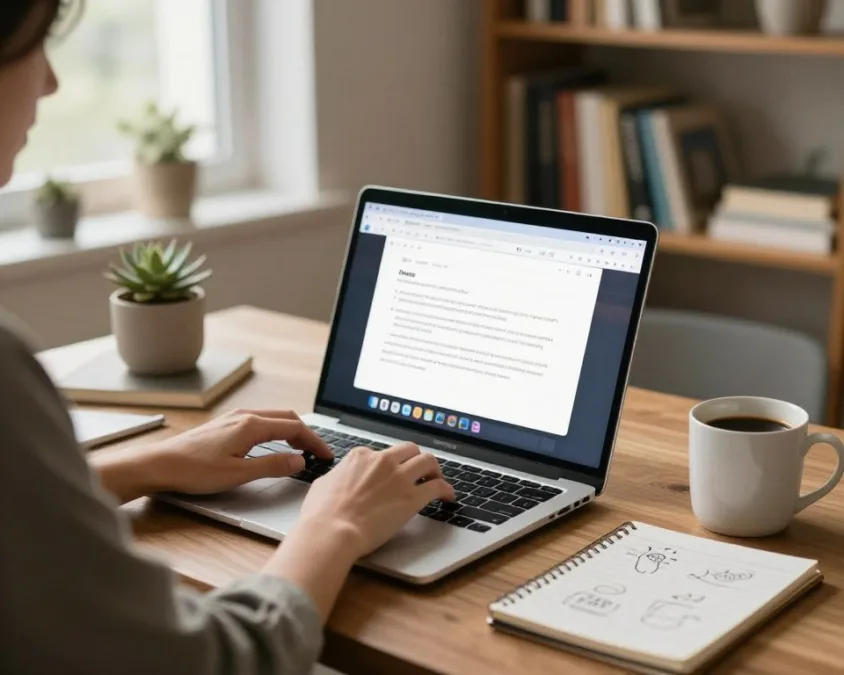 Freelance writer working on laptop creating content for small business clients