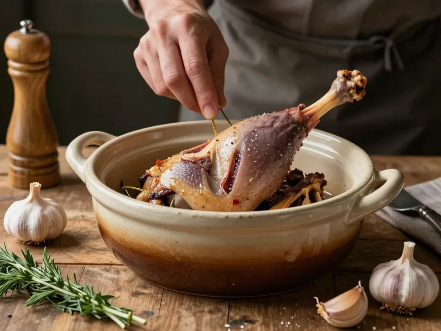 French duck confit preparation showing traditional cooking method