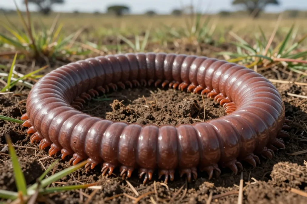 Giant African earthworm showing remarkable length and reddish-brown coloration in South African soil habitat