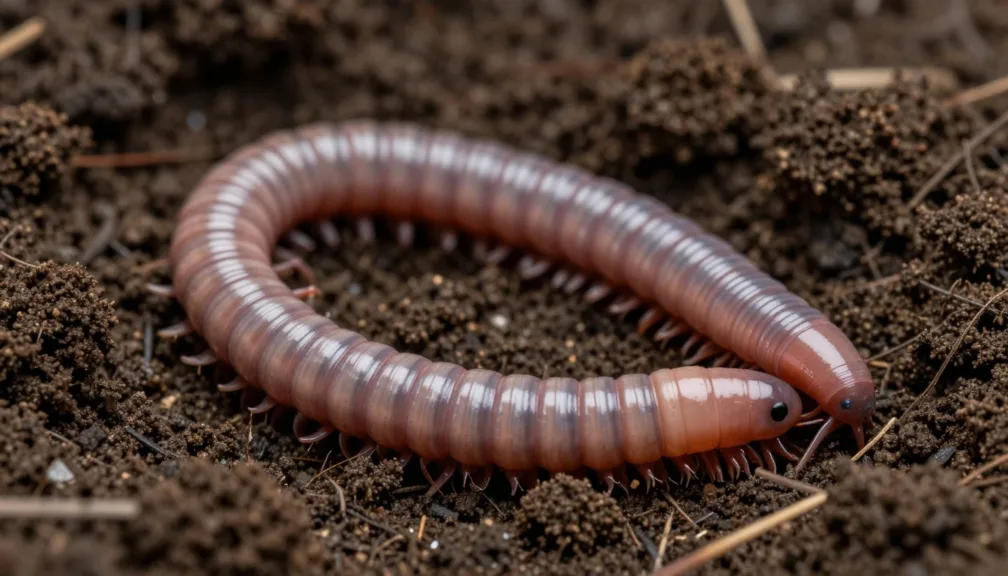 Giant earthworm emerging from rich organic soil showing its impressive size and segmented body structure