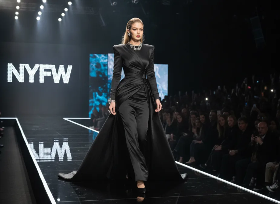 Gigi Hadid supermodel walking New York fashion week runway show