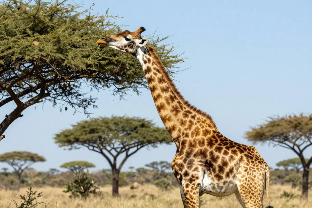 Giraffe reaching high into tree branches with long neck showing unique spotted pattern
