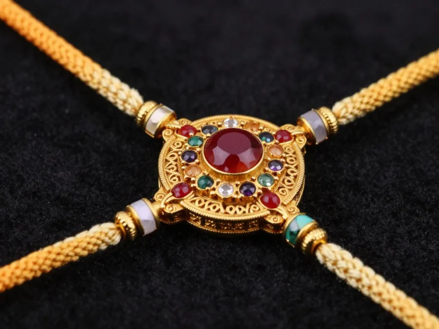 Gold plated designer rakhi with semi-precious stones close-up