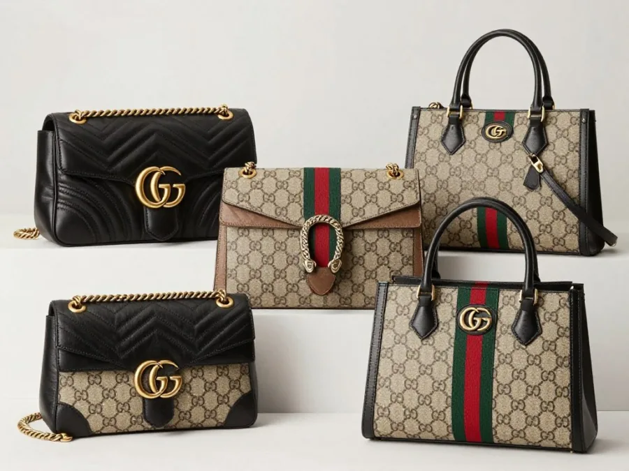 Gucci handbag collection featuring iconic designs