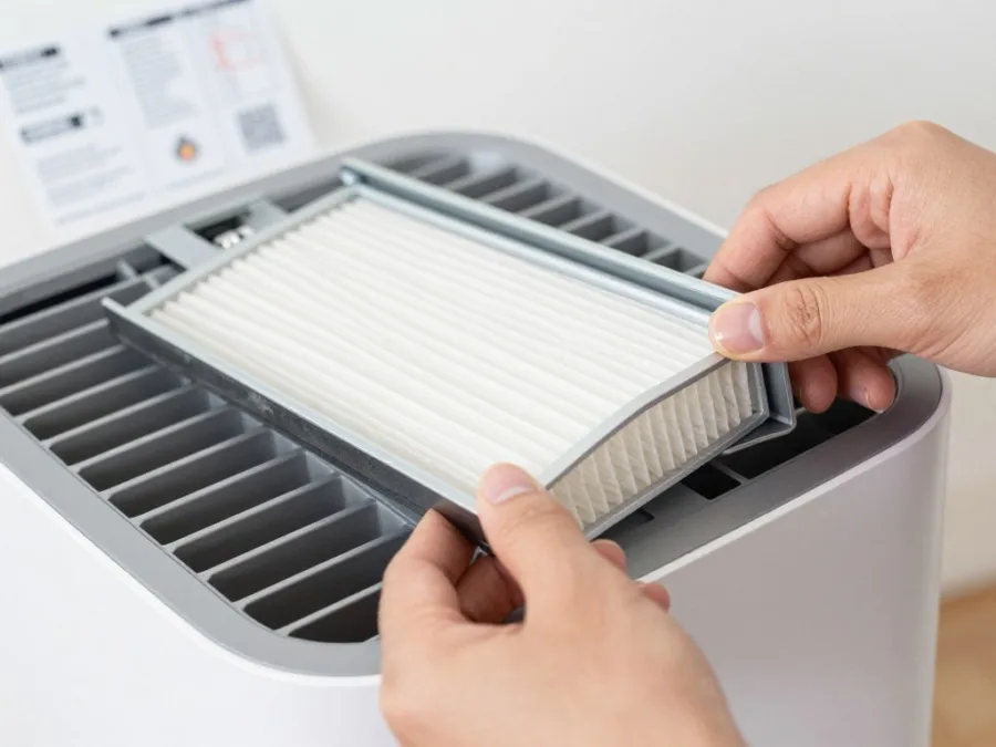 Hand replacing HEPA filter in air purifier