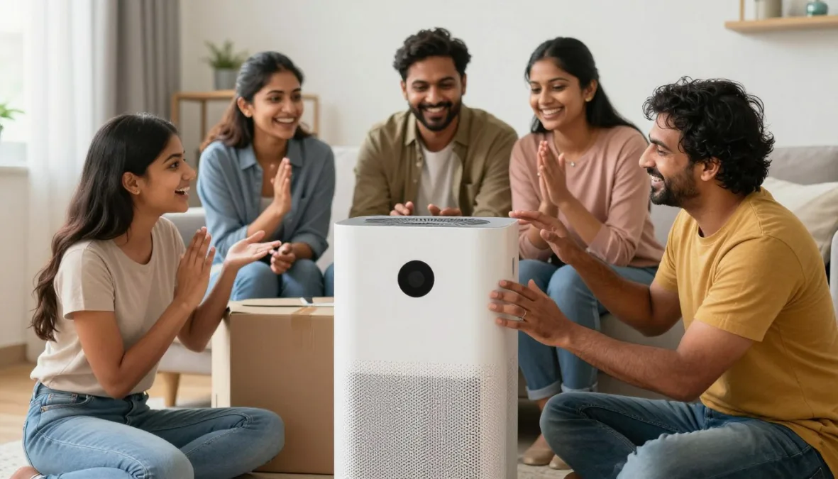 Happy Indian family with newly purchased air purifier