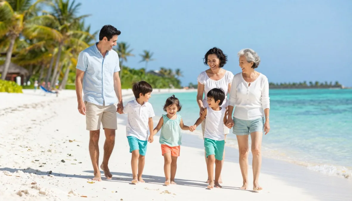 Happy family enjoying vacation together at a beautiful beach destination