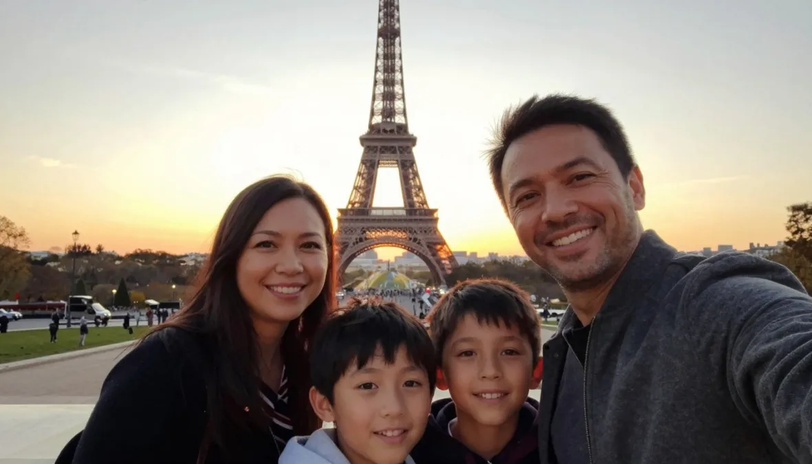 Happy family taking selfie with Eiffel Tower at sunset