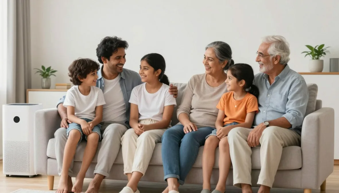 Healthy family breathing clean air at home
