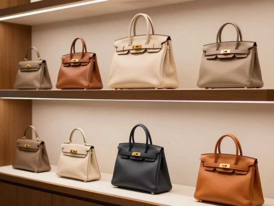 Hermès Birkin and Kelly bags displayed in boutique setting