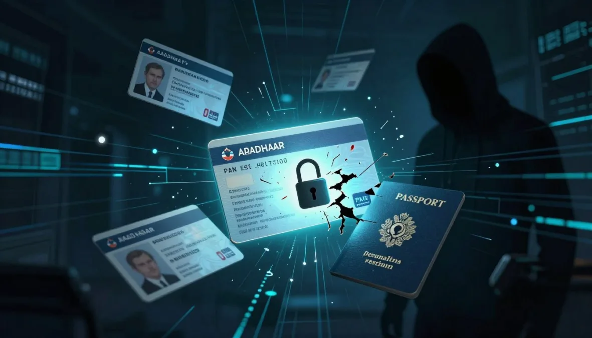Identity theft showing stolen personal data on dark web