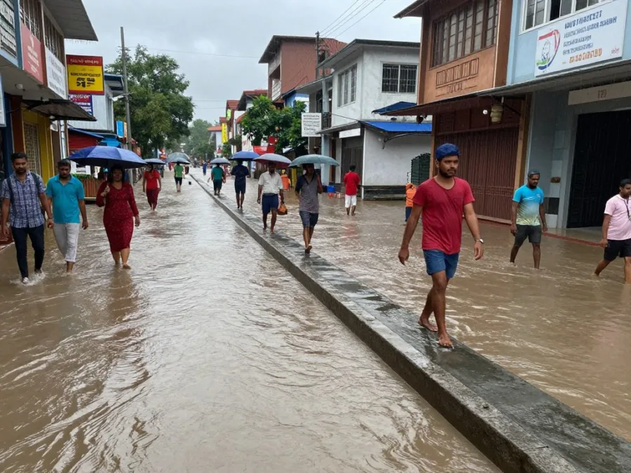 Indian town street flooded by heavy rain