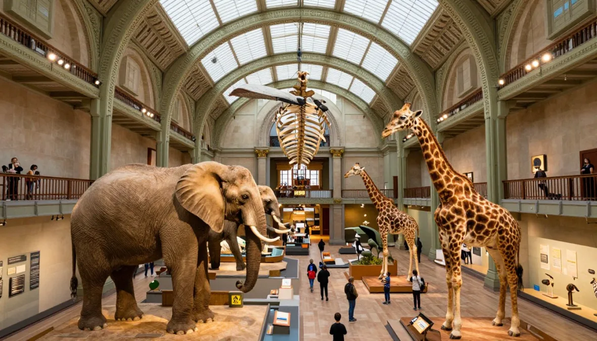 Interior of Grande Galerie de l'Evolution showing massive animal parade with families viewing exhibits