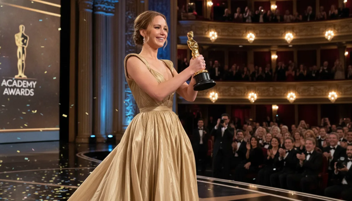 Jennifer Lawrence accepting Oscar award on stage emotional moment