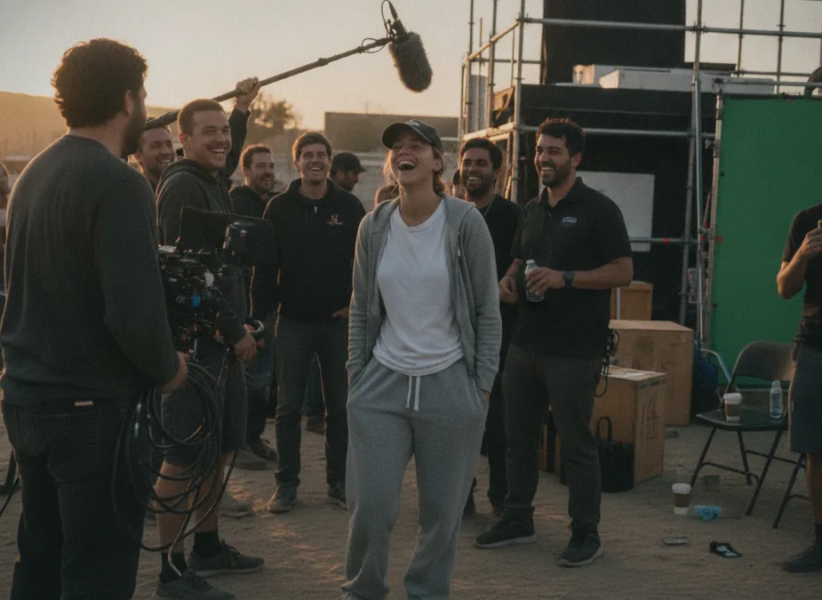 Jennifer Lawrence candid behind the scenes laughing naturally