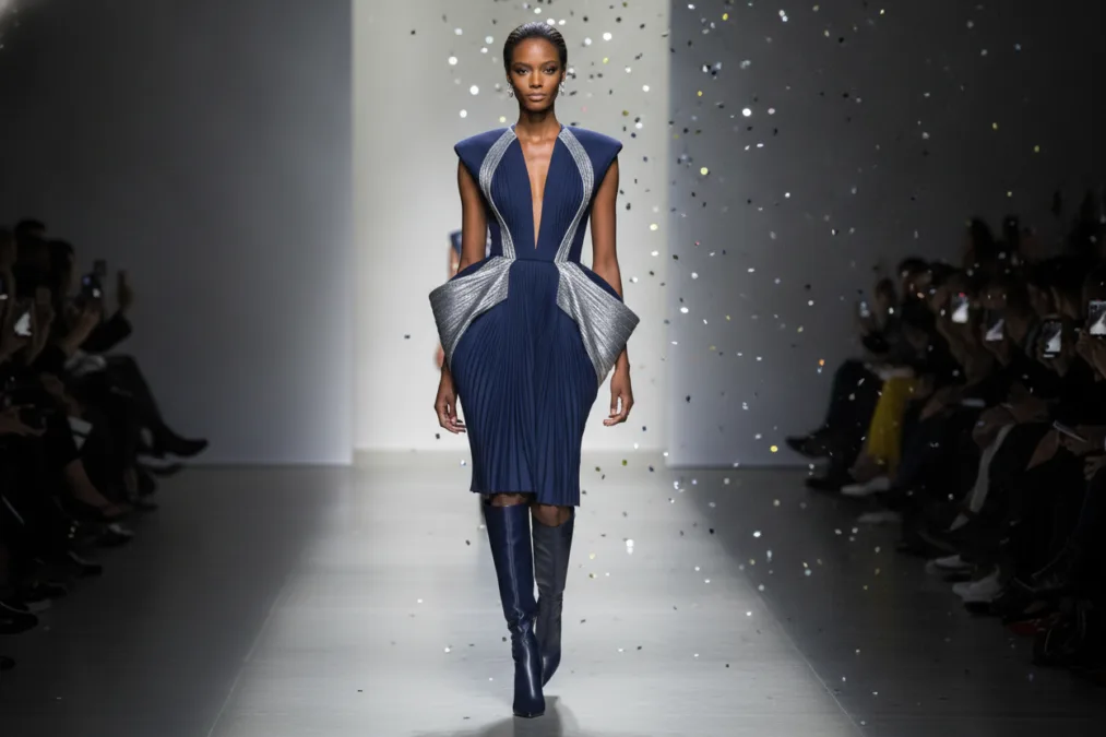 Jourdan Dunn British supermodel in elegant runway presentation