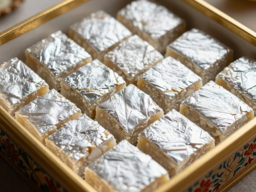 Kaju katli Indian sweet with silver vark in decorative box