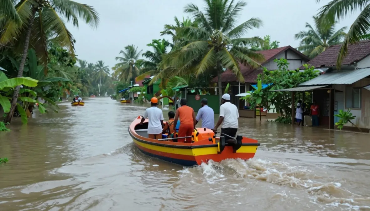 Kerala floods 2018 rescue boats in flooded town