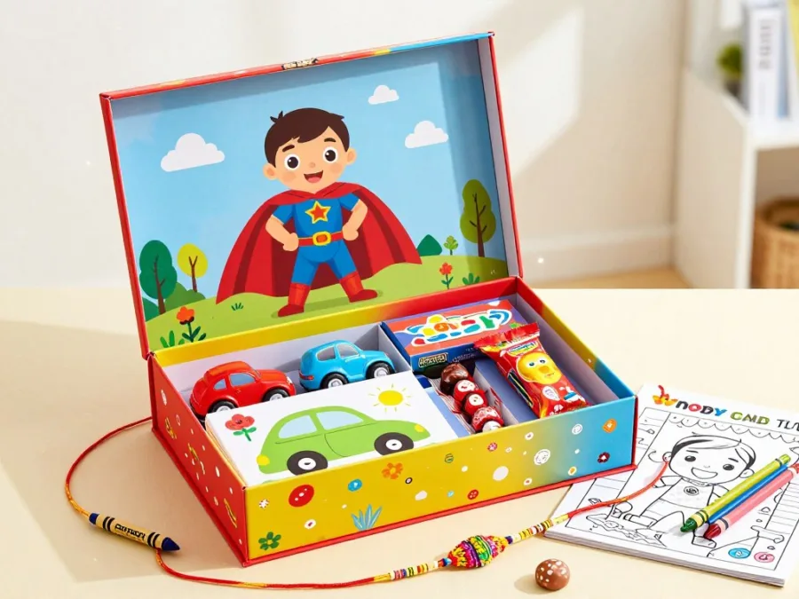 Kids rakhi hamper with cartoon character rakhi and toys