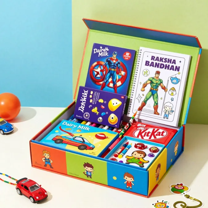 Kids rakhi hamper with superhero cartoon rakhi and toys