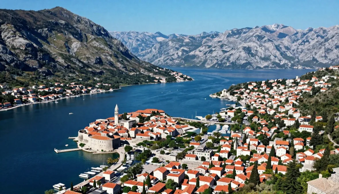 Kotor Bay Montenegro with dramatic mountains and medieval town