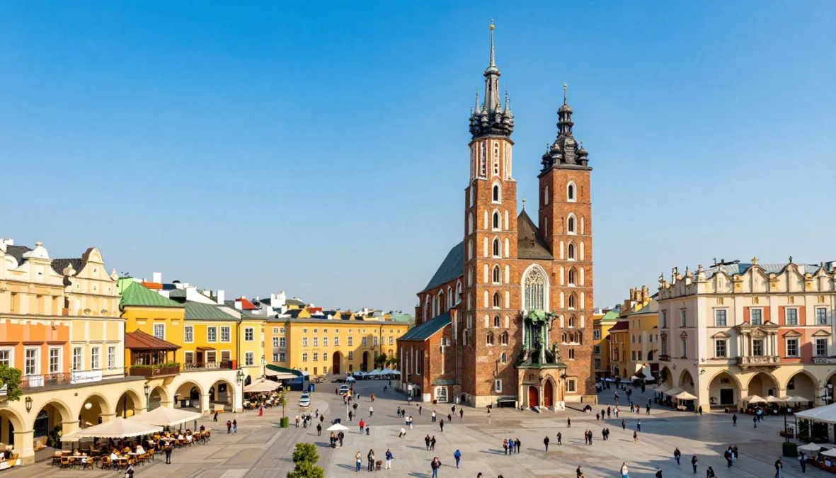 Krakow Poland showing historic market square and colorful buildings