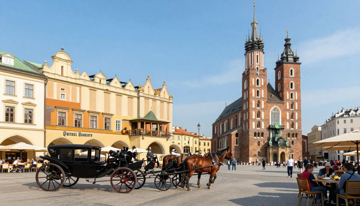 Krakow main square with historic architecture and lively outdoor atmosphere