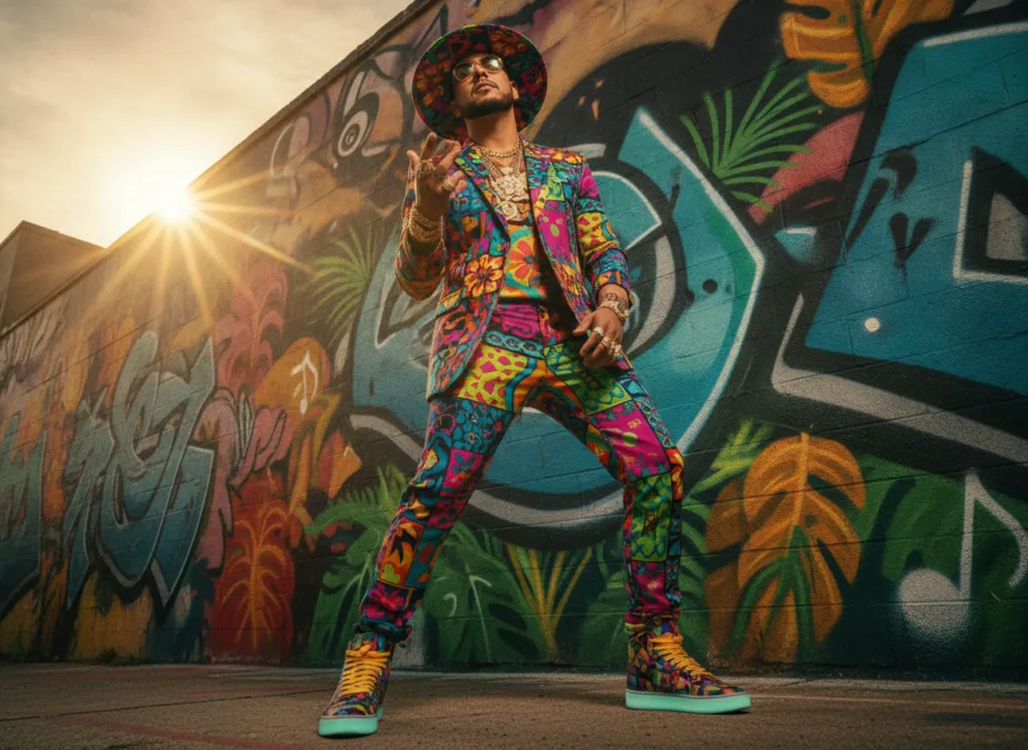 Latin music artist with bold fashion style