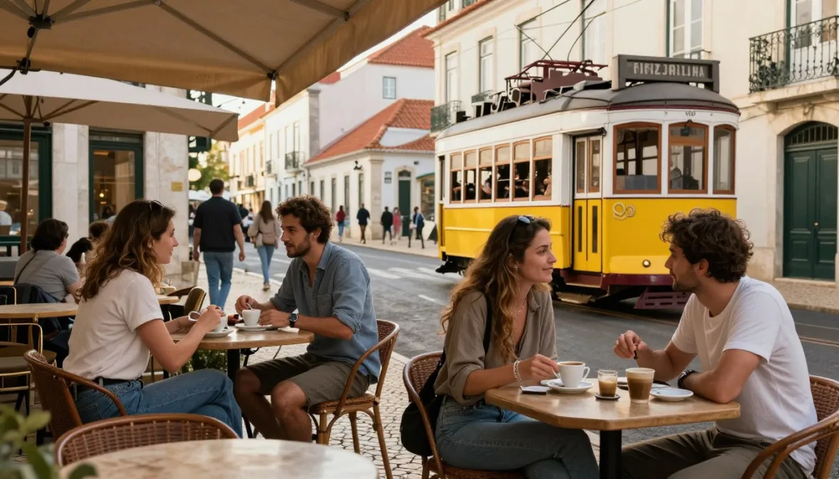 Lisbon Portugal romantic cityscape with singles enjoying outdoor cafe culture