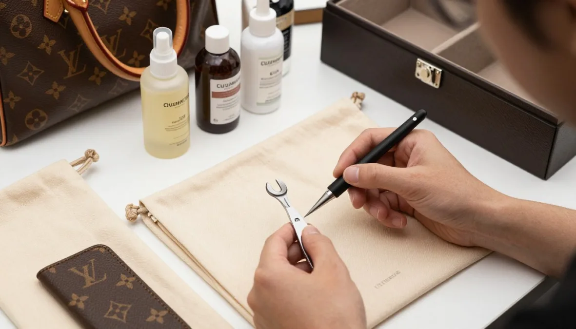 Luxury bag authentication and care products display
