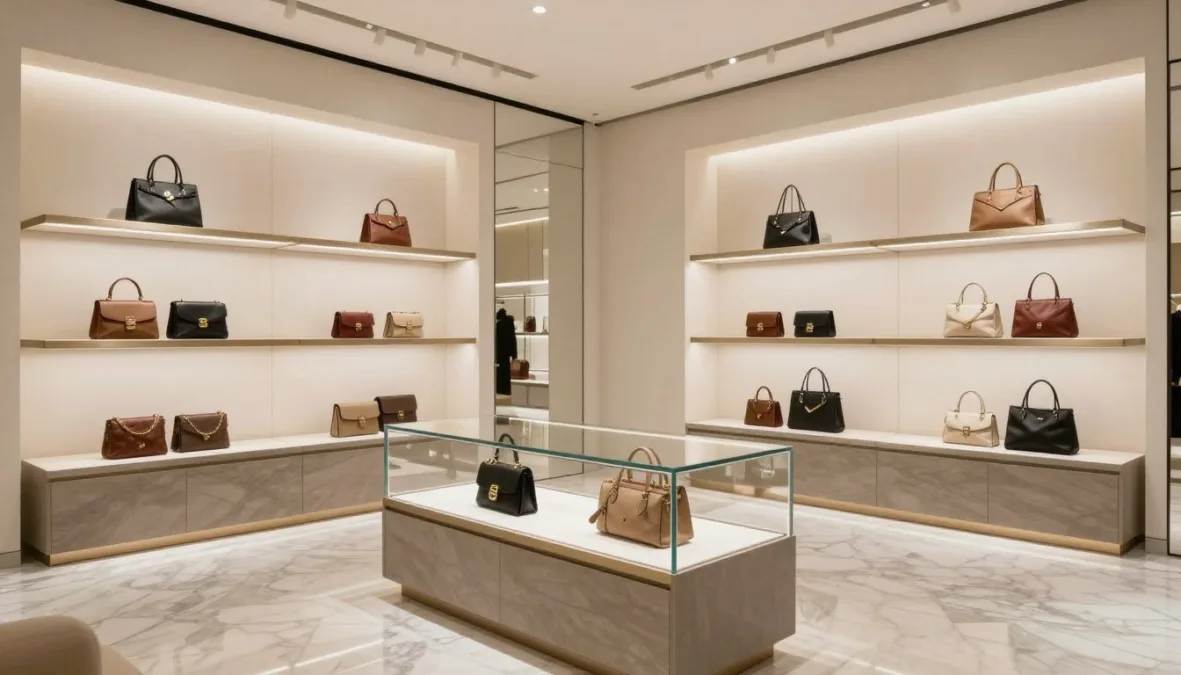 Luxury handbag store interior showing various designer bags on display