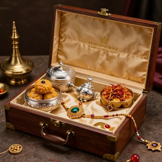 Luxury rakhi set with gold plated design and premium sweets