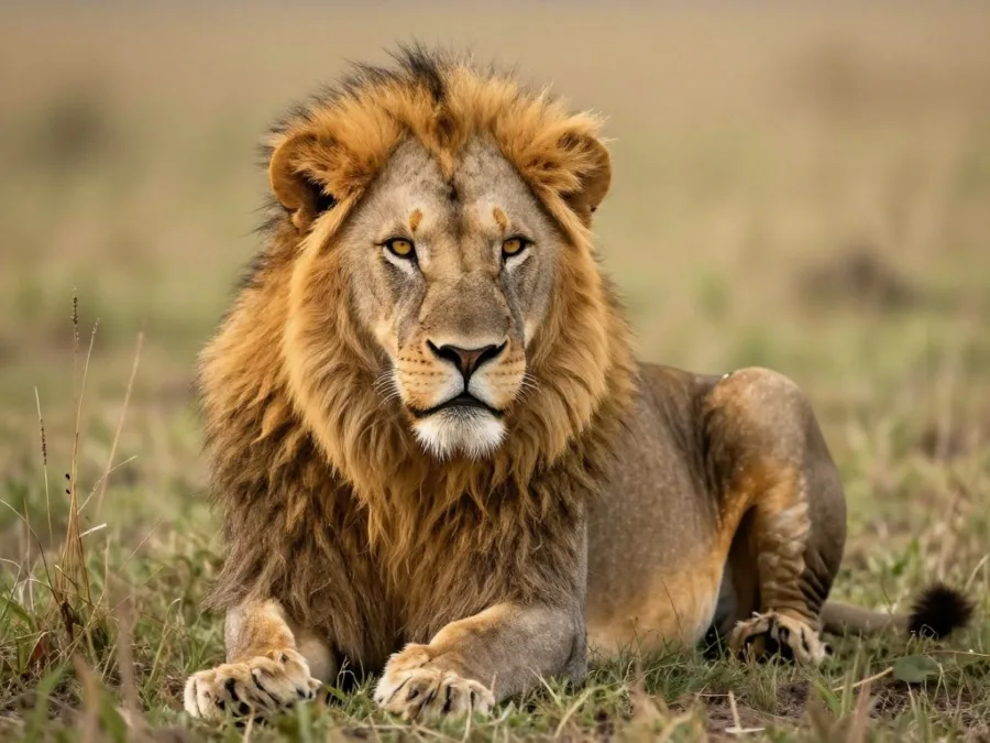 Male lion with magnificent mane resting on grassland showing his powerful presence