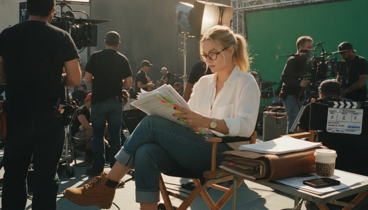 Margot Robbie as producer on film set reviewing script