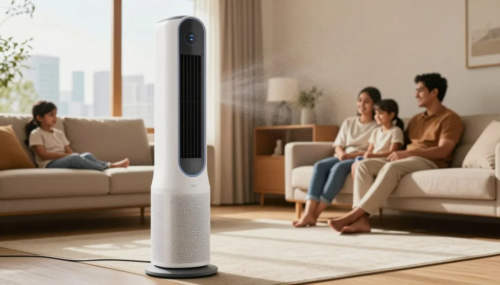 Modern air purifier operating in Indian living room with family