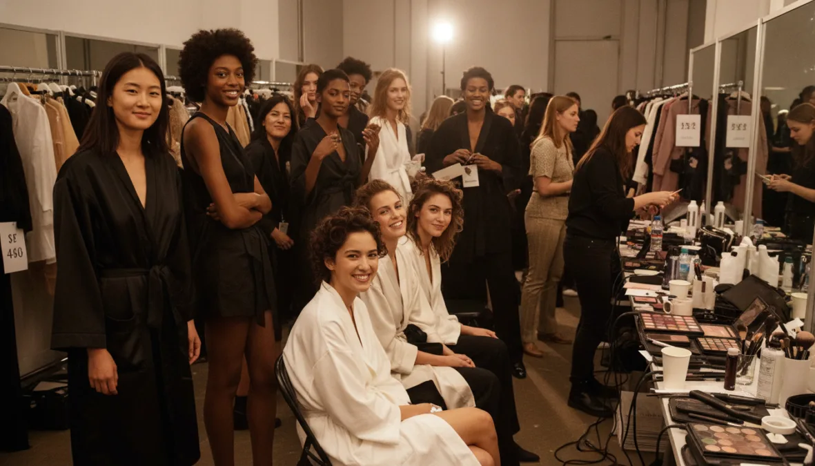 Modern fashion models backstage at fashion show representing industry diversity