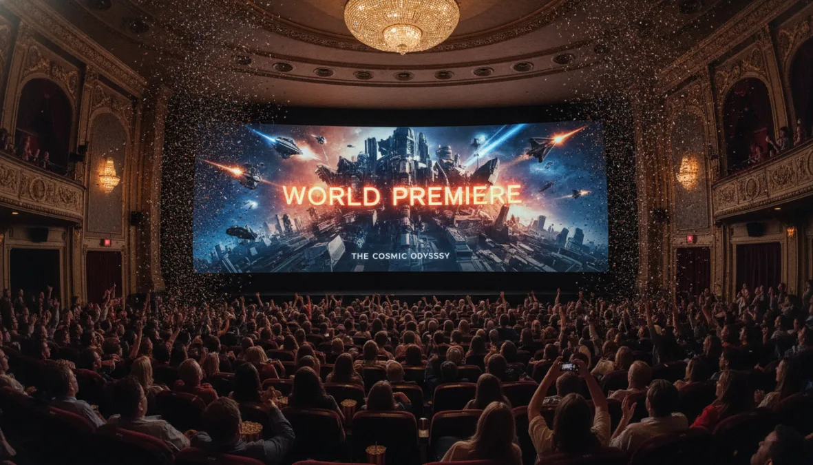 Movie trailer premiere event with audience reaction